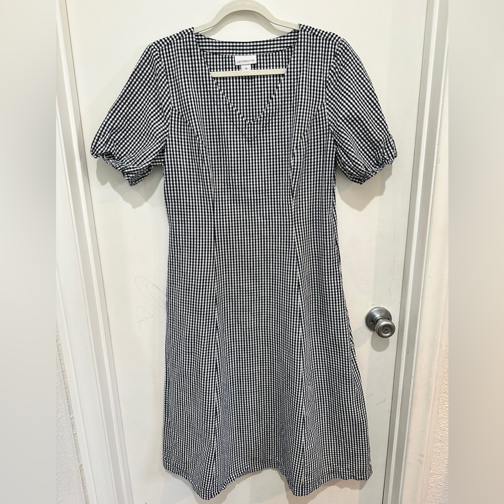 NWOT Liz Claiborne Navy Blue and White Checkered Midi Dress